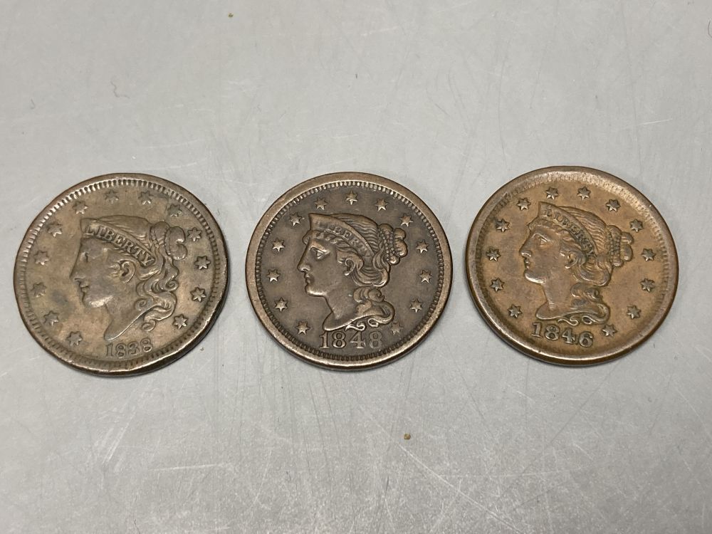 United States of America, 3 One Cents, 1838 Coronet Head, F, 1846 Braided hair, GVF and 1848 Braided Hair, AVF